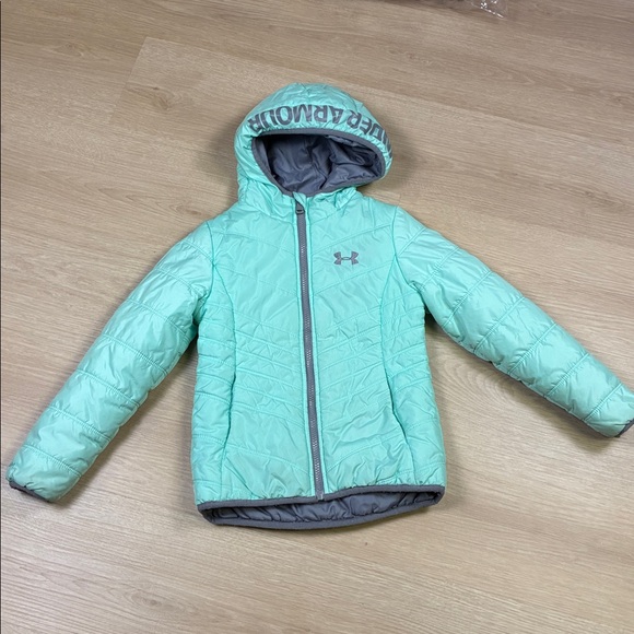 Under Armour Other - Under Armour Light Turquoise Aqua Teal & Gray Quilted Puffer Hooded Jacket